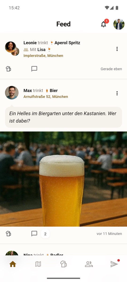 Bierchen-Feed mit aktuellen Getränke-Check-ins von Freunden