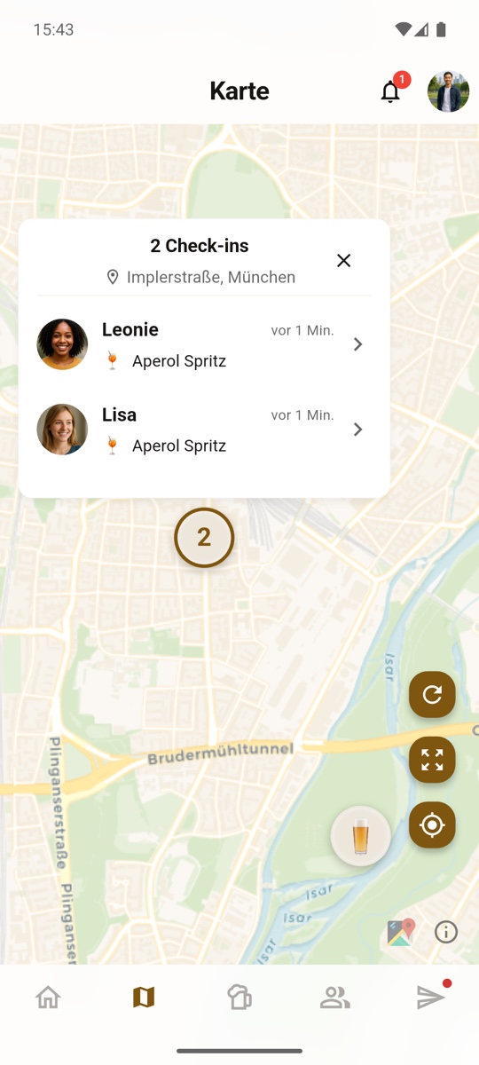 Bierchen-Karte mit freiwillig geteilten Check-in-Standorten von Freunden