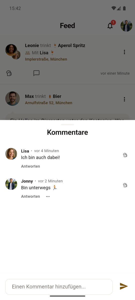 Kommentare und Prost-Reaktionen unter einem Check-in in Bierchen